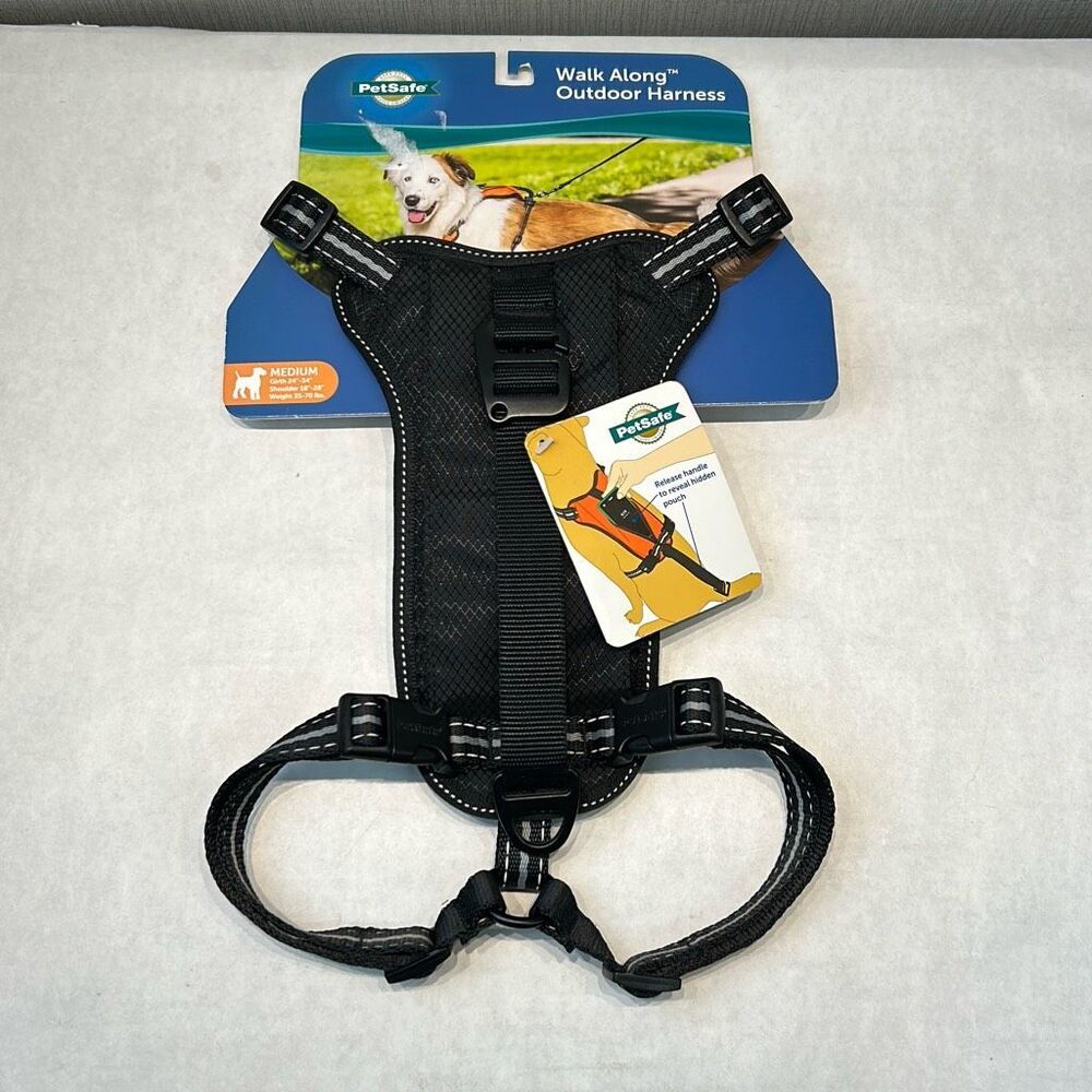 NEW PetSafe Walk Along Outdoor Harness Sz MEDIUM Black Reflective 35-70 lbs